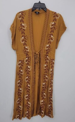 Curations Cardigan Womens Petite Medium Gold Embroidered Short Sleeve Boho Long