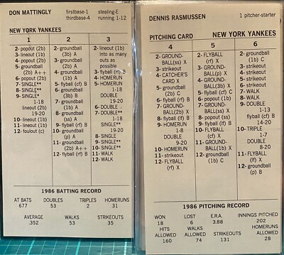 1986 NEW YORK YANKEES, STRAT-O-MATIC Baseball, ORIGINAL, NEAR MINT, 21 cards