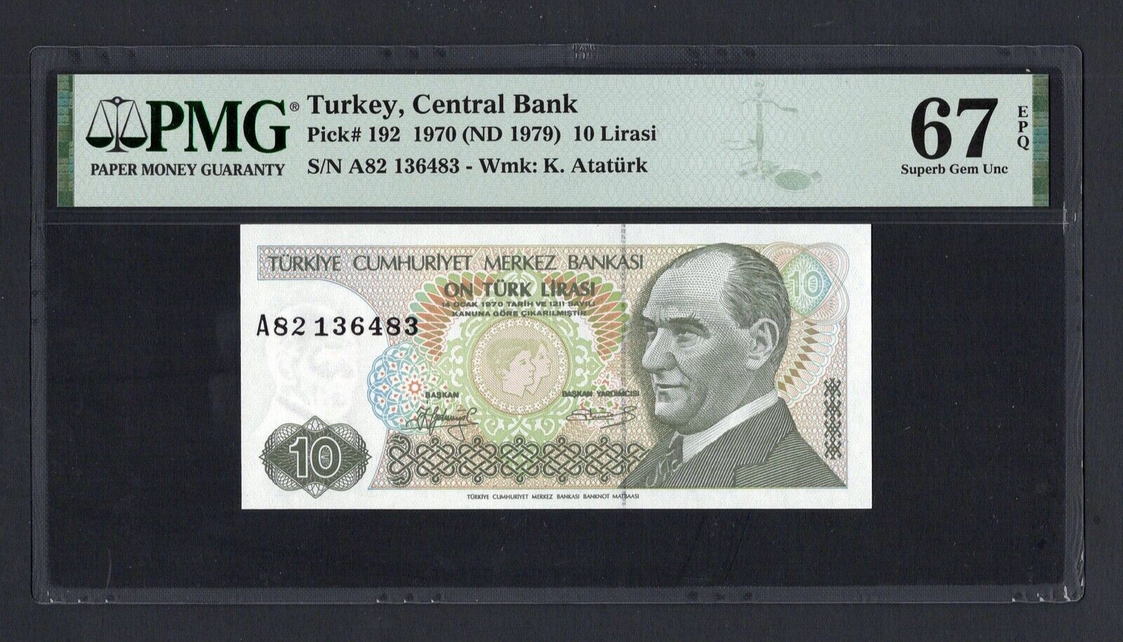 Turkey 10 Lira 1970 (ND 1979) P192 Uncirculated Grade 67