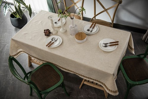 Retro Leinen Tischdecke Rechteckig Sackleinen Seil Rand Waschbar Tischtuch Küche - Picture 15 of 17