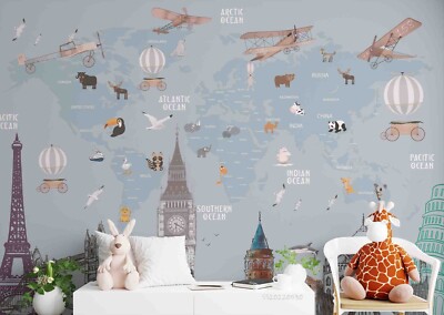 3D Grey World Map Animal Airplane Wall Murals Wallpaper Murals Wall Sticker 70