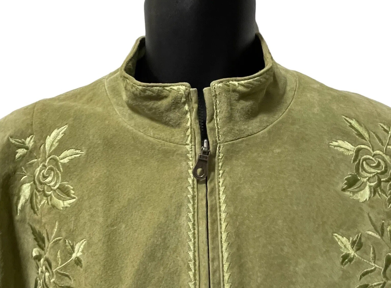 Vintage Metro Style Leather Jacket Women’s Size XL Green Embroidered Roses