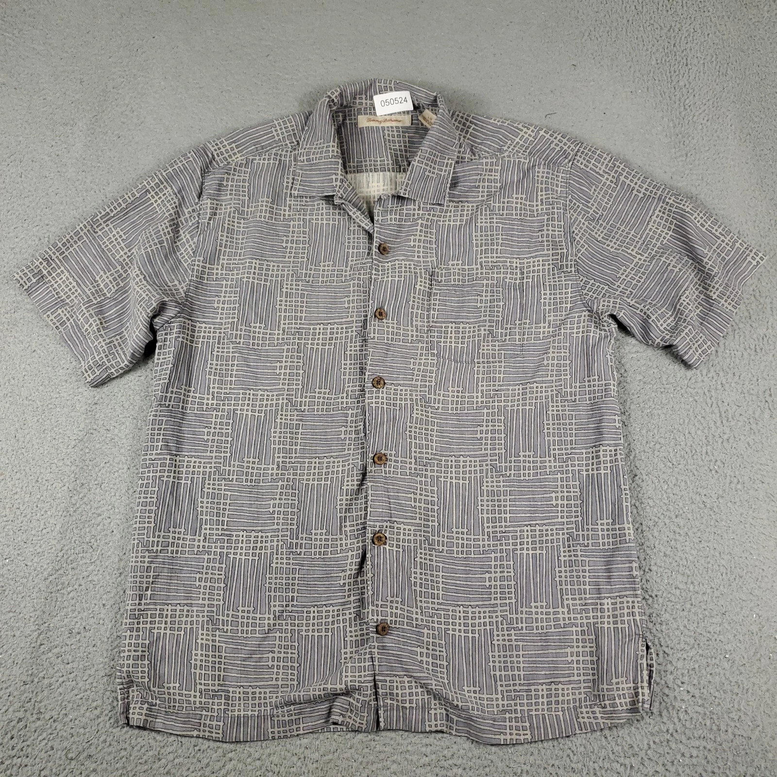 Tommy Bahama Shirt Mens Large Gray Hawaiian Button Up Short Sleeve