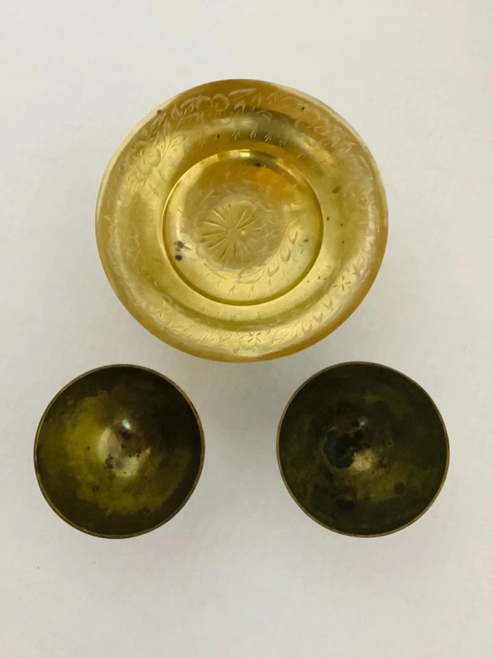 Antique India Brass Temple Pedestal Bowl Centerpiece Fruit Incense & 2 Cups - Image 3 of 4