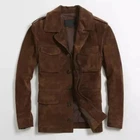 Men Brown Suede Leather Jacket Blazer Coat Overcoat Button pocket and collar