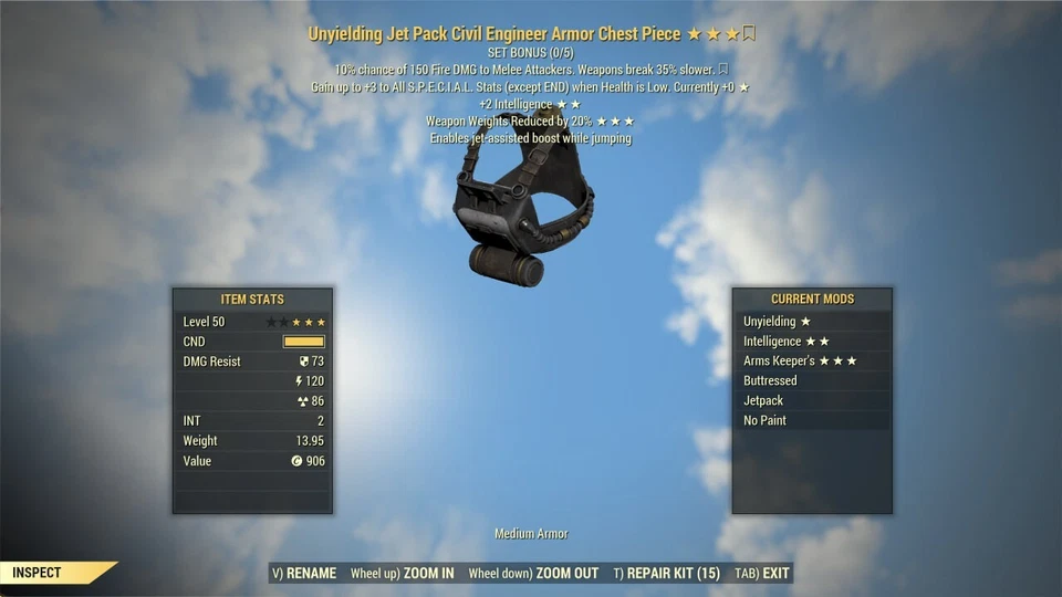 FALLOUT 76 [PC] CIVIL ENGINEER ARMOR SET UNYIELDING +10 INT WEAPON WEIGHT REDUCI - Image 2 of 4