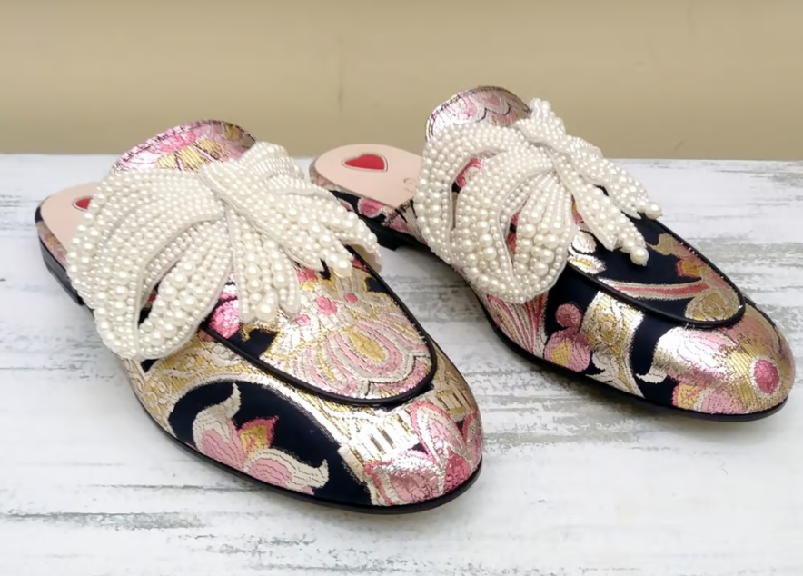 Gucci Princetown Embroidered Floral Slides with Faux Pearl Bow