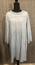 Boho Chambray Dress Fringe Hem-Collar-Sleeve 3/4Sleeve RUSH Cottagecore Small
