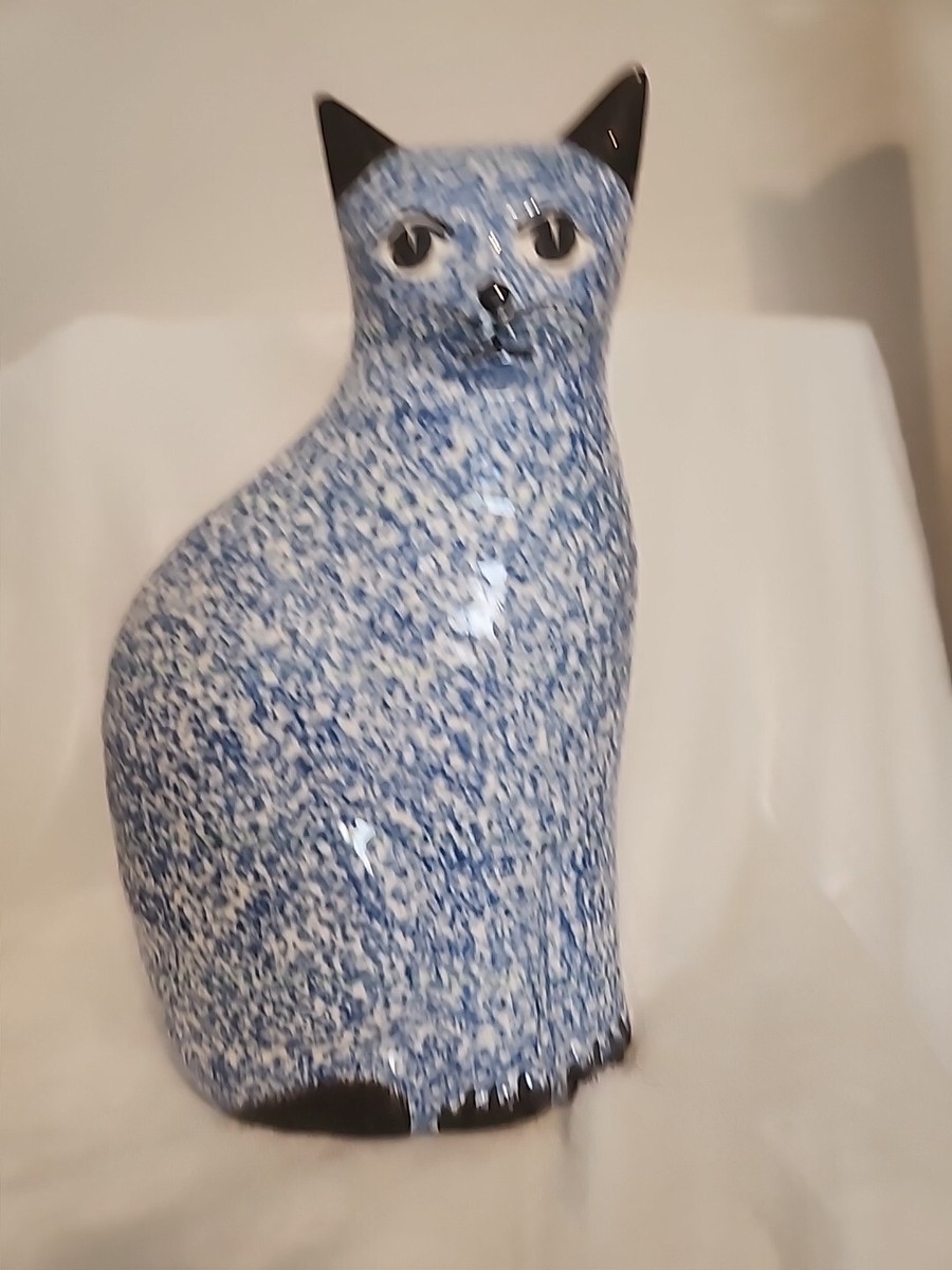 Vintage N. S. Gustin Hand Sponge Painted Blue Cat Ceramic Folk Art