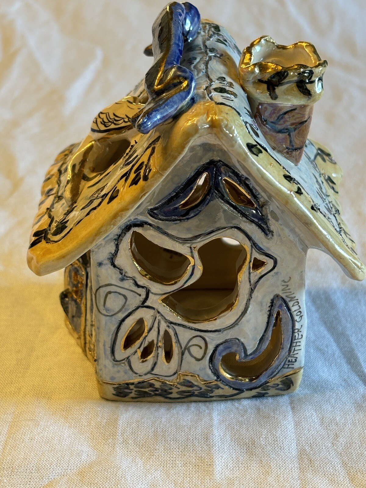 Blue Sky Clayworks 2002 Peace Candle Tea Light Holder House Ceramic Signed