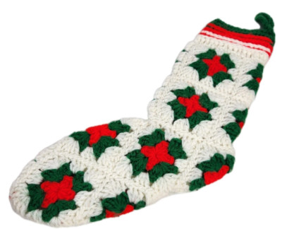Vintage Granny Square Christmas Stocking White Red & Green Crochet Retro Kitchy