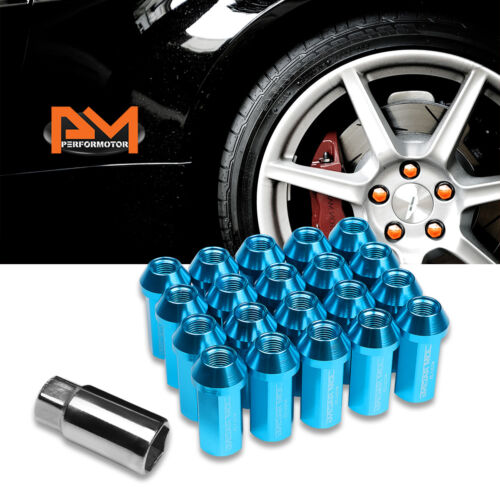 JDM M12X1.25 25mm OD 50mm Tall Light Blue Close-End Cone Wheel Lug Nuts+Key 20Pc - Afbeelding 1 van 4