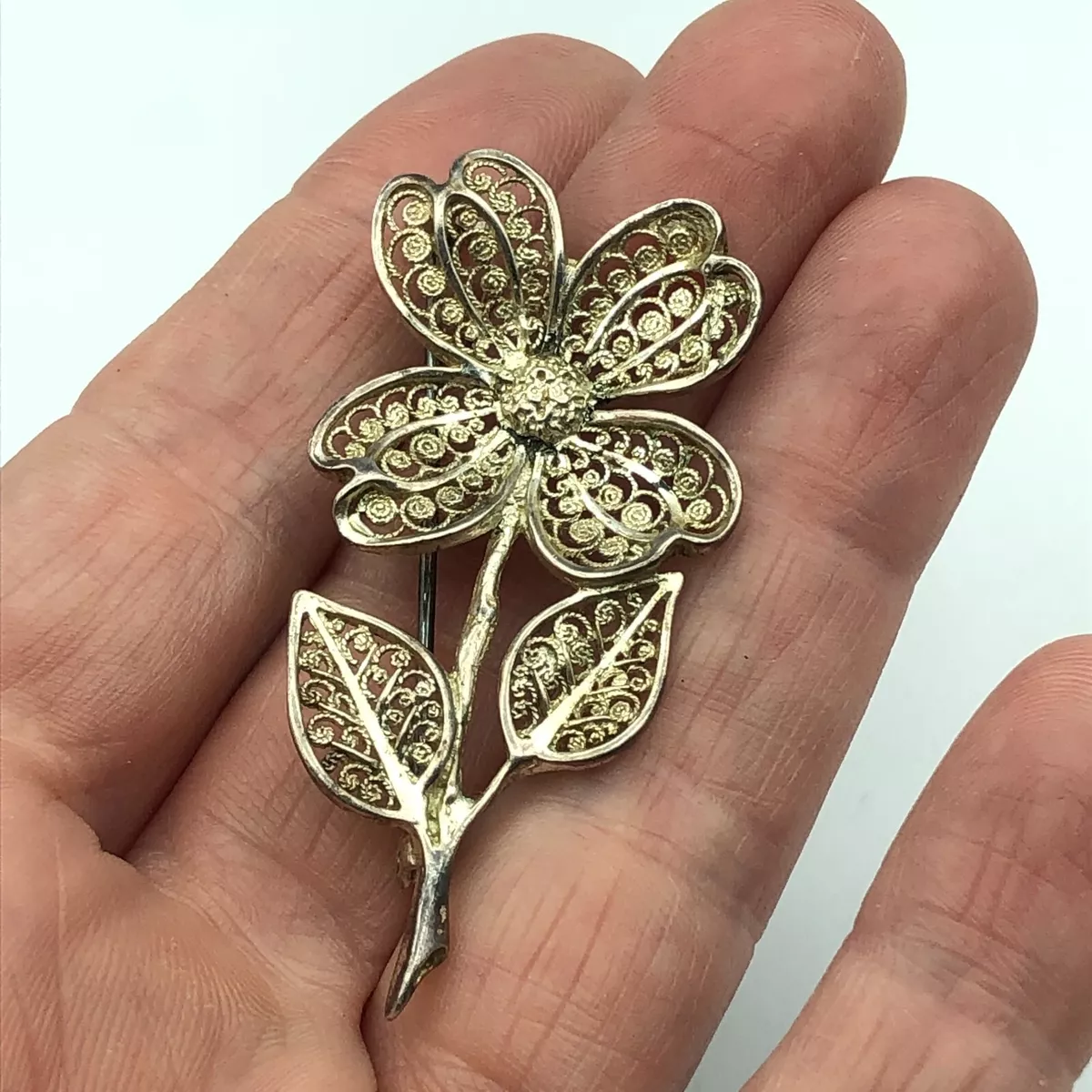 VINTAGE Silver 800 Filigree Floral Brooch Metalwork Retro Flower Lapel Pin