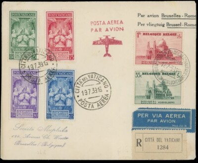 #ad 1939 VATICAN CITY SPECIAL FLIGHT BRUSSELS ROME MIXED FRANKING COVER RARE $110.00