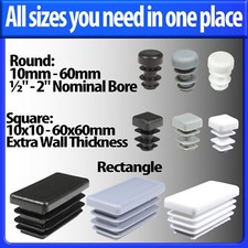 Round Square Rectangle Plastic Tube End Caps Insert Bungs Blanking Plugs Stopper