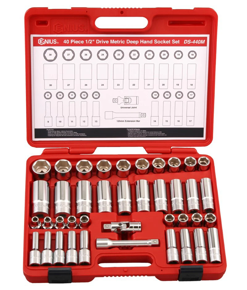 Genius Tools 40 Piece 1 2 Dr. Metric Deep Hand Socket Set DS 440M