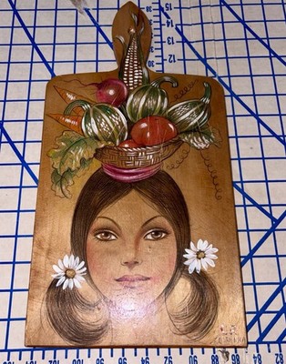 Vintage Costa Rica Island Veggie Fruit Cutting Board MCM Retro Hand Painted
