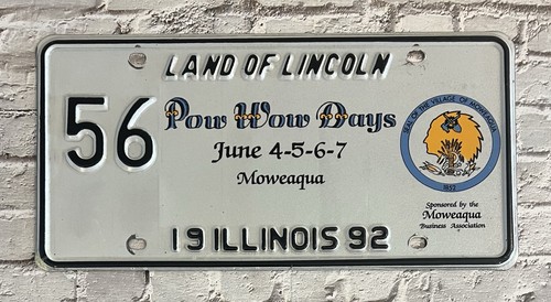 1992 Illinois Special Event License Plate MOWEAQUA POW WOW DAYS