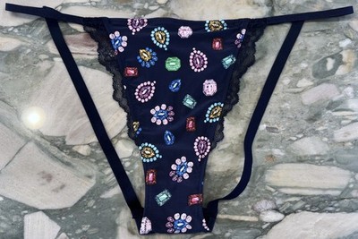 NEW Victoria Secret Bejeweled Gemstone Cutout String Cheeky - Navy Blue - XXL