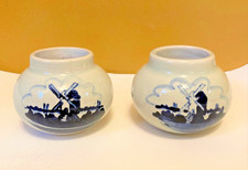 Delft Holland Miniature Vase Pair of Cups Signed Blue  White Windmill 2.25"H