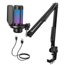 Gaming USB Microphone Set for PC, RGB Condenser Mic with Boom Arm Quick Mute,