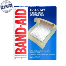 10 Ct Band-Aid Brand Tru-Stay Adhesive Pads, Sterile Sheer Bandages, Large Size