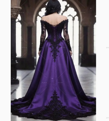 Overskirt Vintage Off Shoulder Black Lace Long Sleeve Medieval Bride Dress