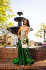 Green and White Formal Gown with Lace Sheer Bodice and Sequin Details