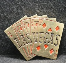 WJ11101 VINTAGE 1970s  LAS VEGAS  GAMBLING CARDS SOLID BRASS MENS BELT BUCKLE