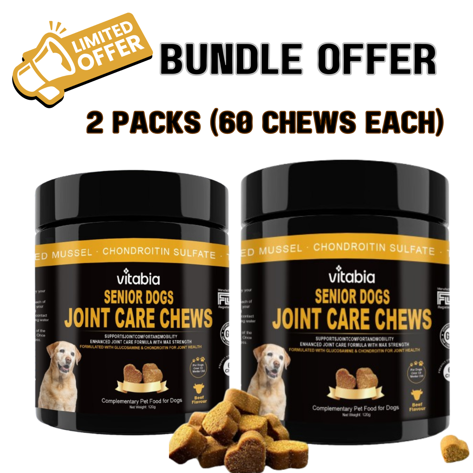 Senior Dog Joint Supplement - Joint Care for Stiff Older Dogs, 120 Beef Flavour
