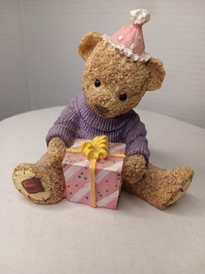 Teddy Bear Figurine With Birthday Hat And Birthday Present Realistic Sweater