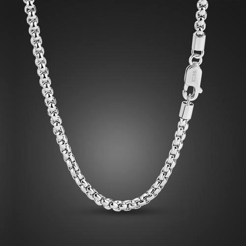 925 Sterlingsilber Massiv 3mm Runde Box Kette Halskette 24" für Damen & Herren