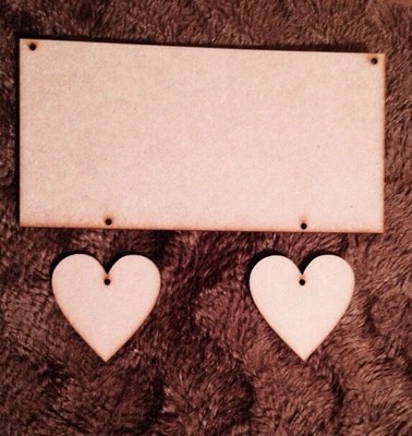 Holzplakette 200x100mm mit 2 Löchern und 60mm Herzen MDF Basteln Rohling 3mm stark