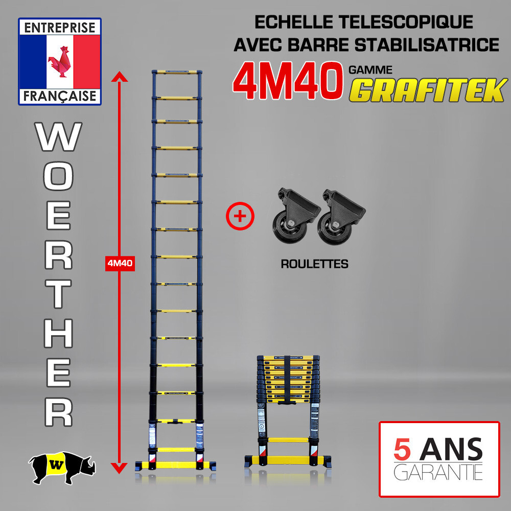 Échelle télescopique 4m40 Woerther avec barre stabilisatrice et roulettes en aluminium argent