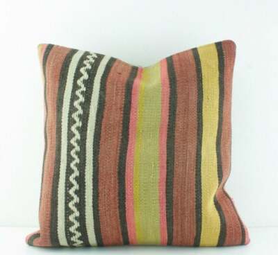 Decorative handmade Turkish Kilim Pillow Cover 16x16 Red Gold Pink Kilim Pillow