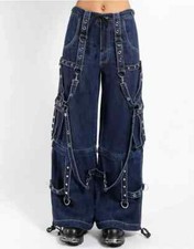 Unisex Goth Cargo Pant with Chains  Strap Denim Punk Emo Wide-Leg Blue Pants