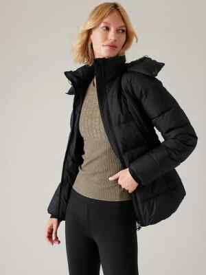 Athleta XXS $219 Downtown Puffer Jacket, Black Warm Active Down Coat NWT NEW