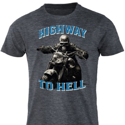 Lustiges T-Shirt Highway To Hell Skelett Biker Totenkopf Motorrad Bike Tee