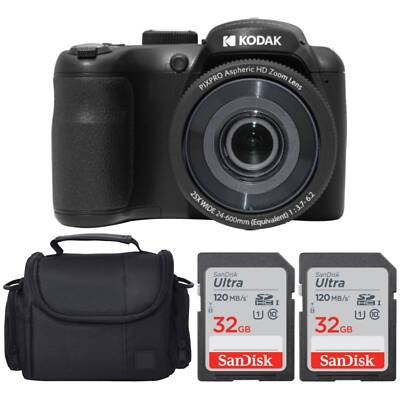 Kodak PIXPRO AZ255 Digital Camera (Black) + SanDisk 32GB Memory Card (2) + Digit
