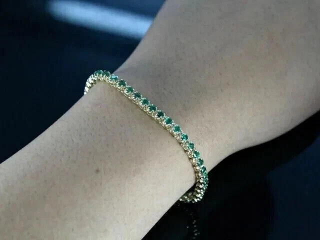 Round Cut Natural Certified Green Emerald Tennis Bracelet In 14K Yellow Gold - Image 4 of 4