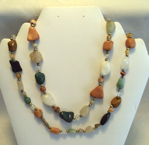 VINTAGE 36" SINGLE STRAND SEMI PRECIOUS STONES AND BEADED NECKLACE #XM
