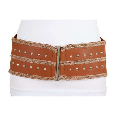 Women Brown Elastic Band Fashion Bling Braide Belt Silver Metal Studs Buckle S M