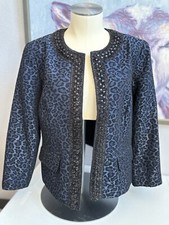 Chico's Women's Size 1 Blue Leopard Print Open Blazer with Sparkle Trim