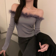 Women Knit Crop Top Off Shoulder Faux Fur Edge Shirt Stretchy Party Cocktail New