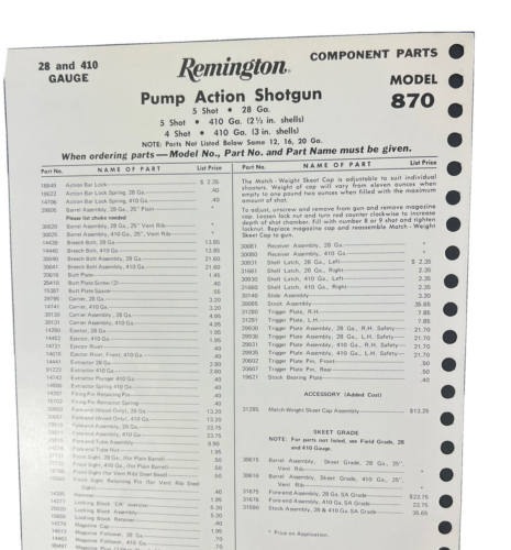 1979  Remington M-870 Pump Shotgun Additional Gauges/ Grades Parts List SG9/10 - Picture 1 of 2