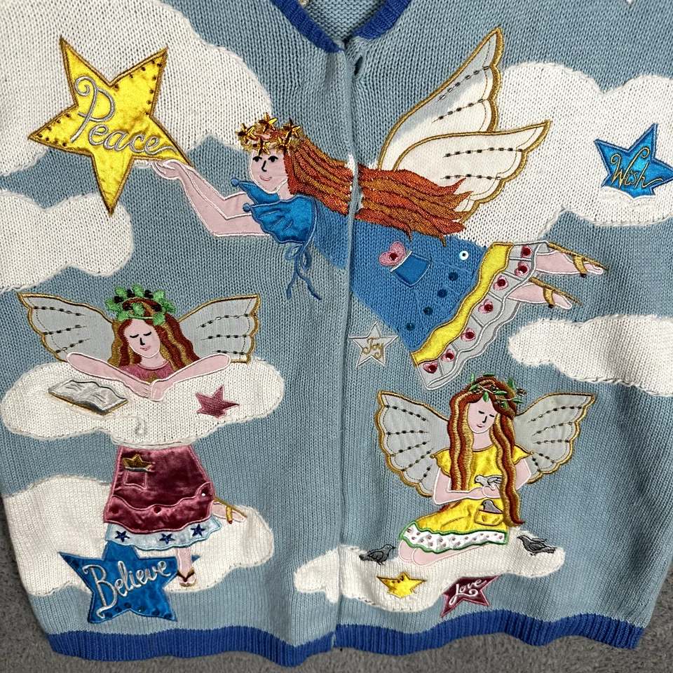 Cárdigan tejido vintage cristiano Navidad años 90 suéter grande pesado cielo Foto 3 de 4