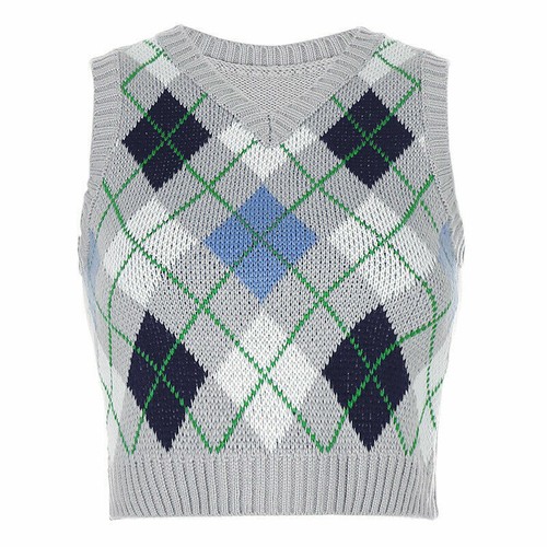 Retro Causal Women's Knitted Vest Waistcoat Tank Crop Top Sleeveless Argyle Top - Picture 17 of 18