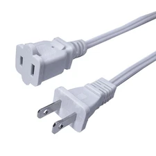 10 FT White 2 Prong Extension Cord, 18 AWG, Nema 1-15P to 1-15R, Indoor, Home