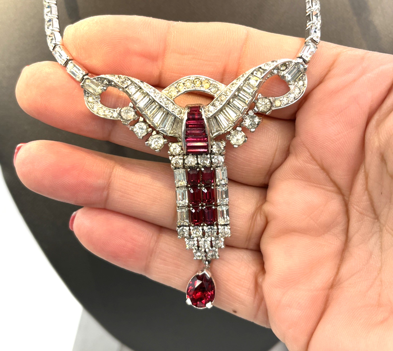 Mazer Simulated Ruby Rhinestone Pendant Necklace … - image 2