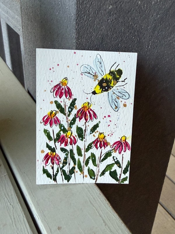 ACEO #036 Watercolor Bee with Pink Flowers, Trading Card, 3.5x2.5 inch